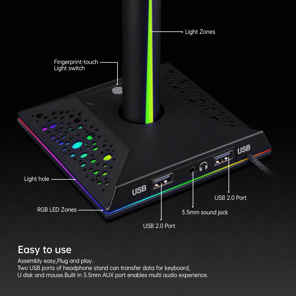 RGB Gaming Headset Stand with Dual USB