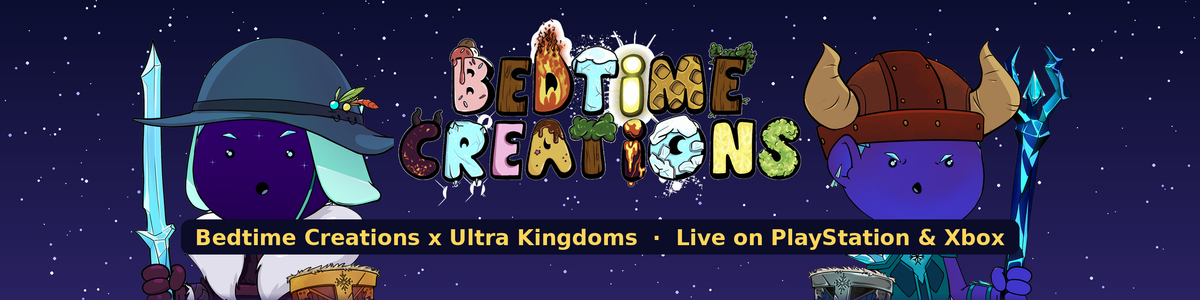 Bedtime Creations official merch banner with Frostmen characters